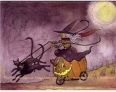 Witch- Funny Witch Card- Halloween Card Witch Pumpkin Black Cats Watercolor Painting Greeting Card Illustration Print 'The Pumpkin Express'