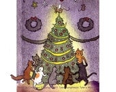 Cats Christmas Greeting Card, Cat Art, Cats Watercolor Painting Illustration Cartoon Print, Cats Card 'Kitty Cat Christmas'