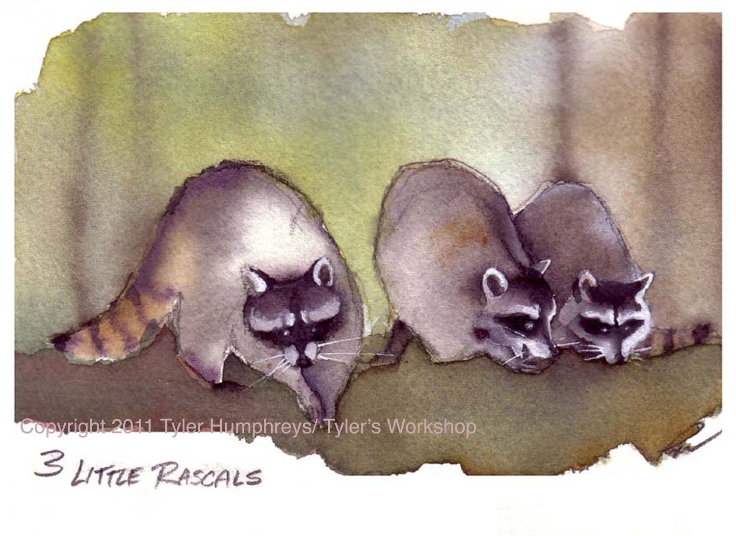 Raccoon Greeting Card, Raccoons Watercolor Painting Illustration Print 'Three Little Rascals' - tylersworkshop