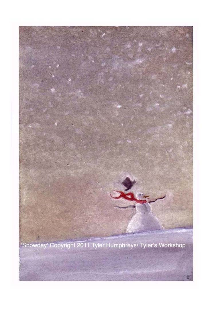 Snowman Greeting Card- Christmas Greeting Card- Snow Winter Landscape Watercolor Print  'Snow Day'