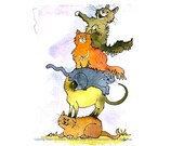 Cat Card- Cat Art- Funny Cats Greeting Card-  Watercolor Cats Illustration Painting Print 'The Leaning Tower Of Kitties'