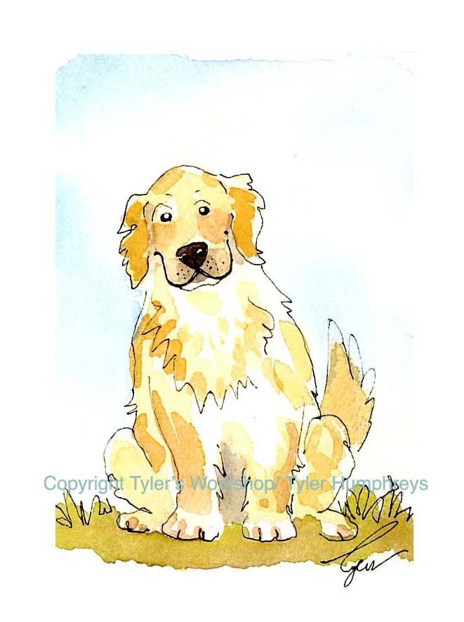 Dog Art, Golden Retriever Greeting Card, Dog Card, Funny Dog Watercolor Painting Print 'Good Boy'