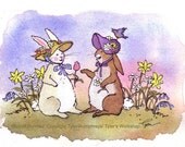 Funny Bunny Rabbit Card- Rabbit Art- Easter Card- Spring Watercolor Animals Bunny Illustration Cartoon  'Bonnet Bunnies'
