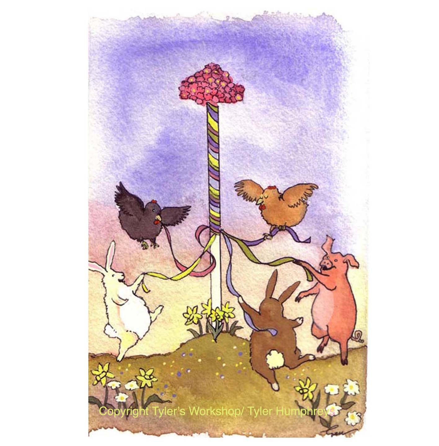 Spring Card - May Day Funny Watercolor Animals Greeting Card - Bunny Rabbits Pig Chickens Farm Animals - 'Around The Maypole' - tylersworkshop