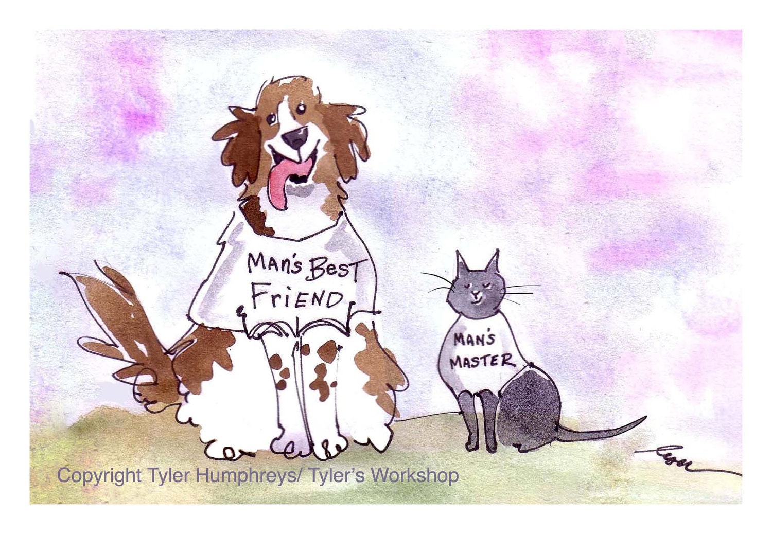 Funny Cat and Dog Greeting Card- Pets Cartoon Illustration- Watercolor Dog and Cat Print 'Man's Best Friend/ Man's Master'