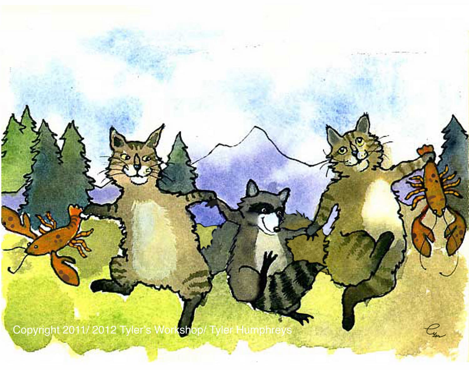 Cat Card- Maine Coon Cats- Funny Cat Art- Watercolor Cat Illustration Print-