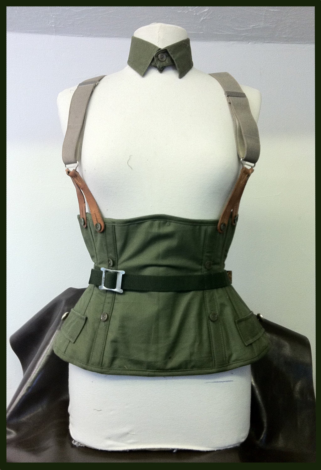 Steel boned military under bust buckle corset OAK