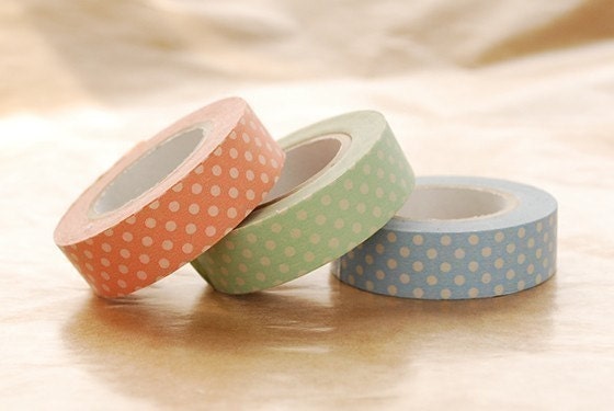Japanese Washi Masking Tapes Set of 3 - Bright Polka Dots for baby announcement, shower, gift wrapping, scrapbooking