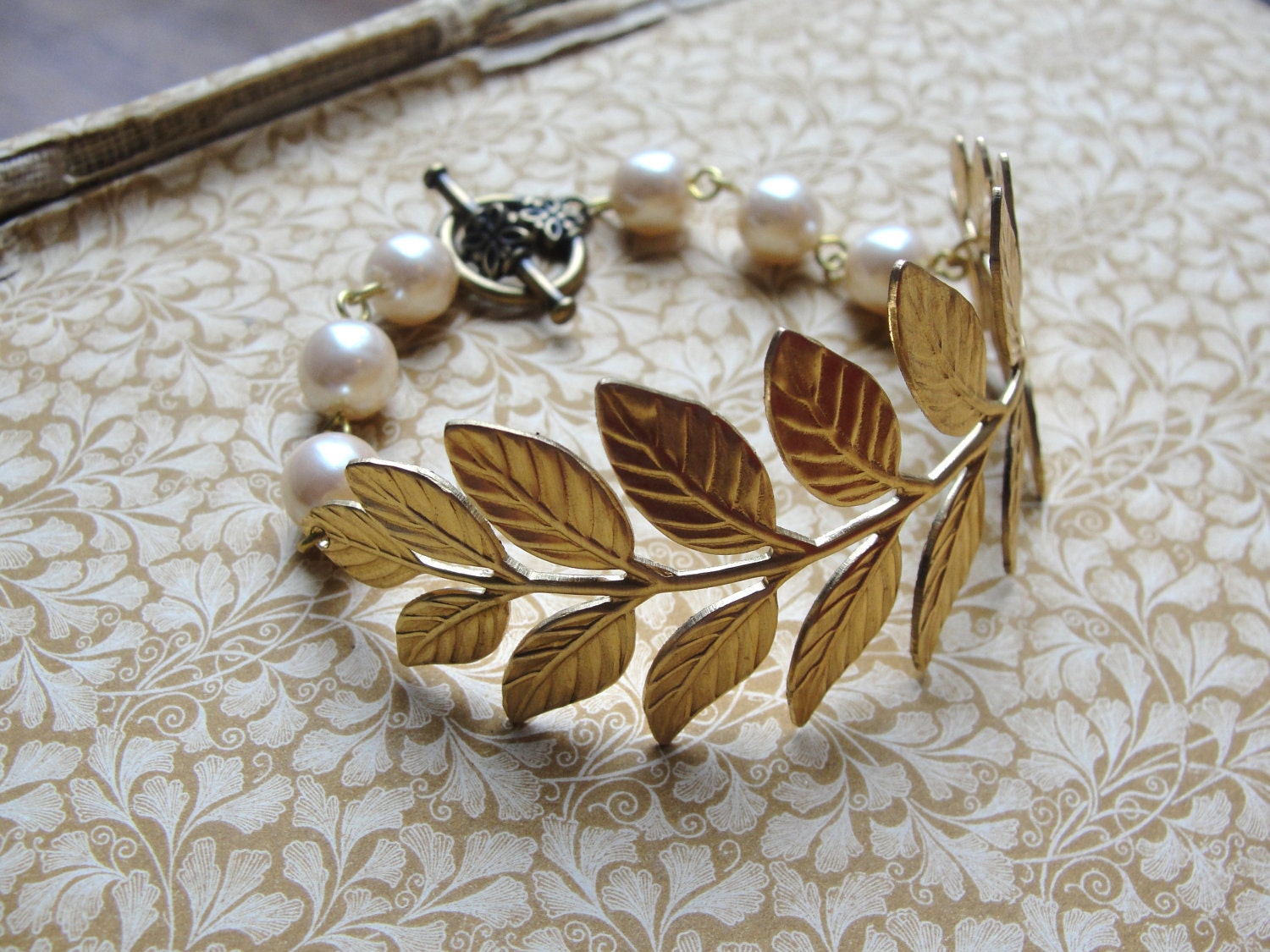 Beautiful Leaf and Vintage Pearl Bracelet