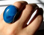 Blue Agate Ring, Bright Bold Jewelry, Oxidized Sterling Silver, Custom Sized,, OOAK Gift, Silver Stone Ring, Spring, Wire Ring
