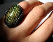 Flashy Green Ring, Dichroic Fused Glass, Flashy Ring, Sterling Ring, Hard Candy Gems, Big Glass Ring, Wire Ring