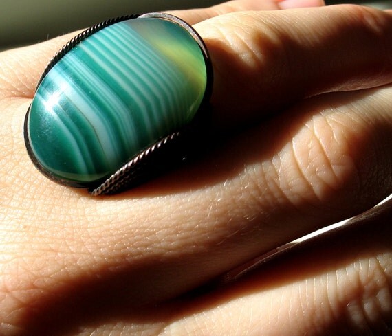 Green Gemstone Ring Striped Stone Handmade by HardCandyGems