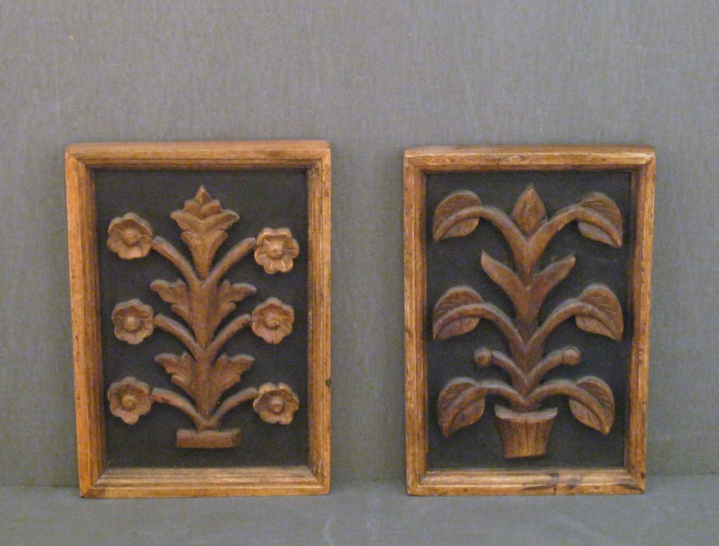 Pair of Hand Carved Wooden Botanicals