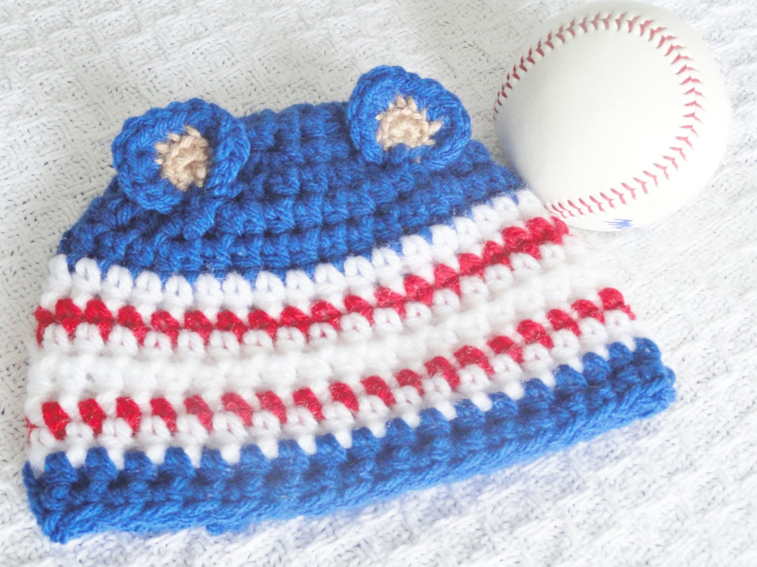 Newborn Cub Hat Hand-crocheted Chicago Cubs Inspired Blue Red White Beanie with Ears By Distinctly Daisy