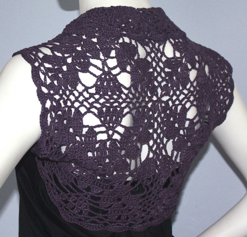 Dark Purple Plum Silk Bamboo Bolero hand knit crochet Shrug Wedding size L