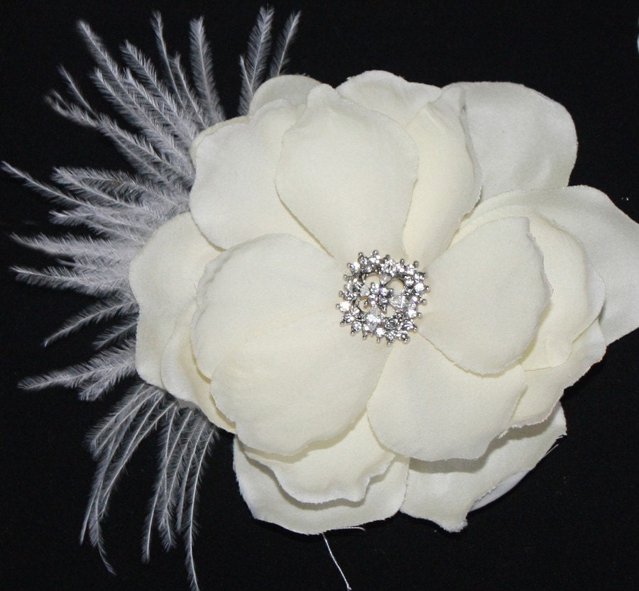 Birdcage veil Blusher and Bridal Fascinator Vintage inspired Russian netting veil hair flower feather - Emily