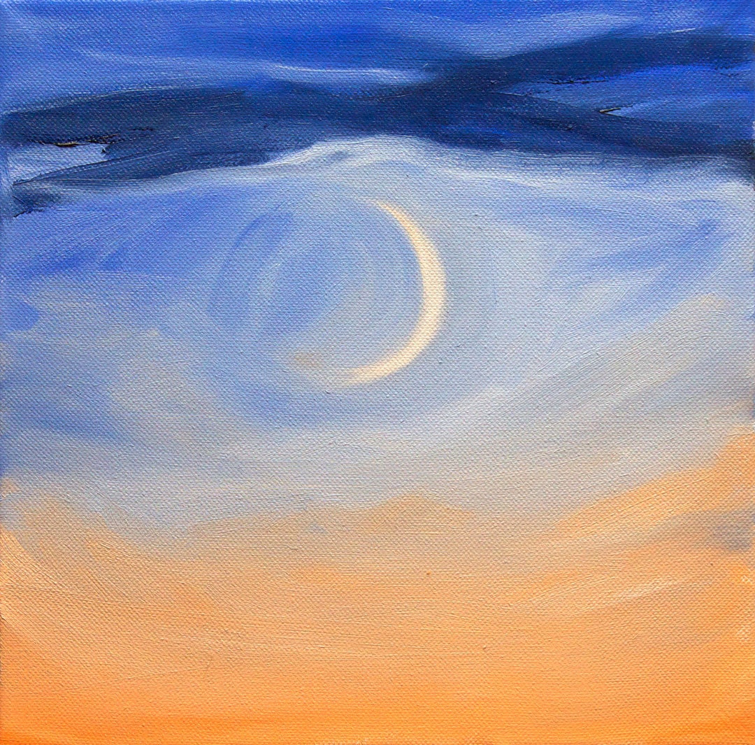 Small Oil Painting Square 12 x 12  Orange Blue Sky Cresent Moon