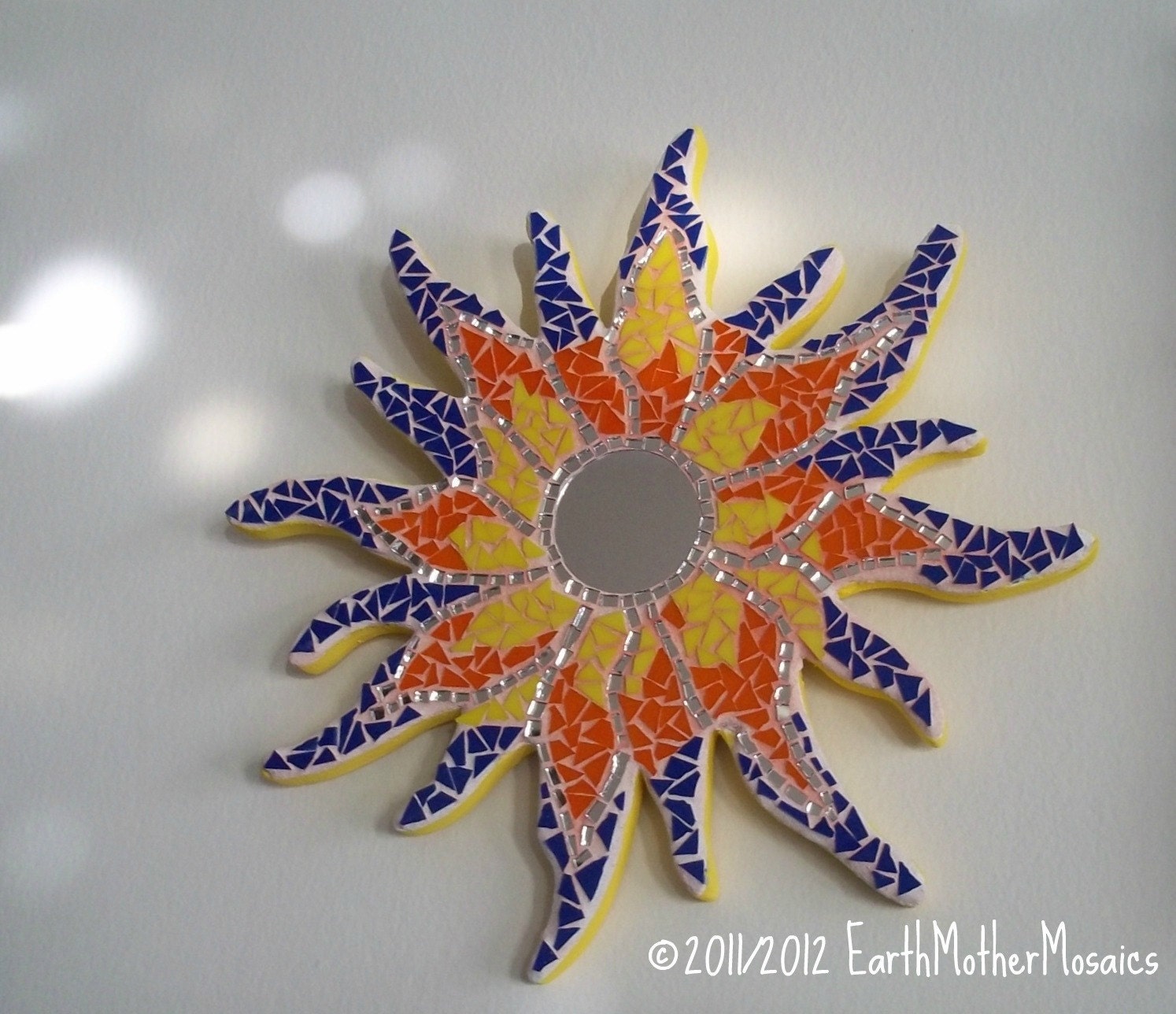 Sun, Bohemian, Mosaic Wall Art, Flowering Sun, Yellow, Orange, Royal Blue, Meditative