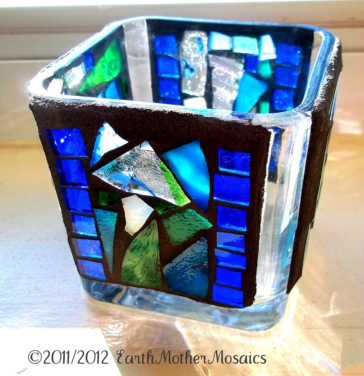 Mosaic Stained Glass Candle Holder, Luminary, Blue, Green, Votive, Lantern, Shelter, Blue Water, Home Spa, Hostess Gift - 3 1/2 inches