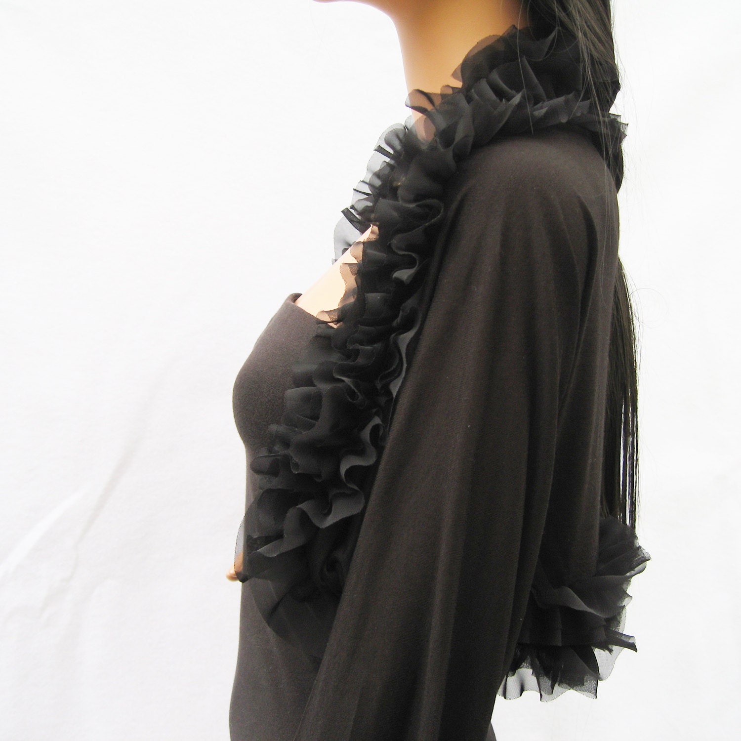 Black Shrug Cardigan with Silk Ruffles