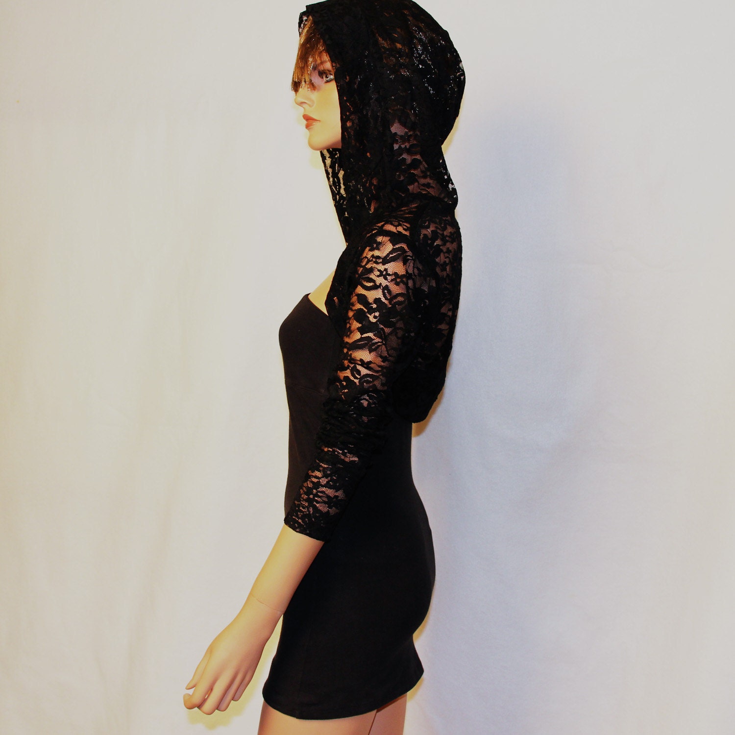 Black Lace Hooded Shrug/women/lace jacket/hoodies HSL-BK