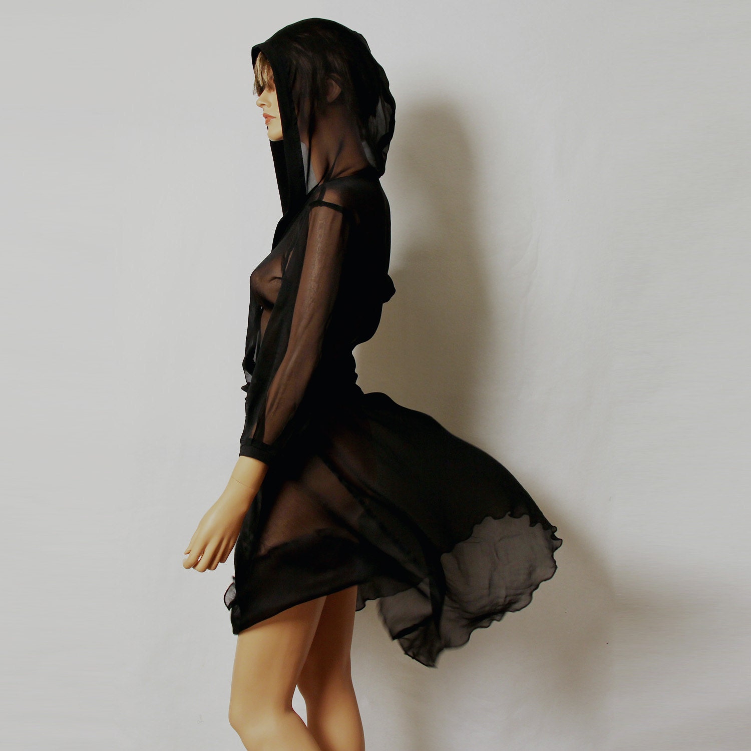 Black dress/ sheer silk hooded dress/ mini dress/day/little-black-dress/vitage/party - MIRIMIRIFASHION