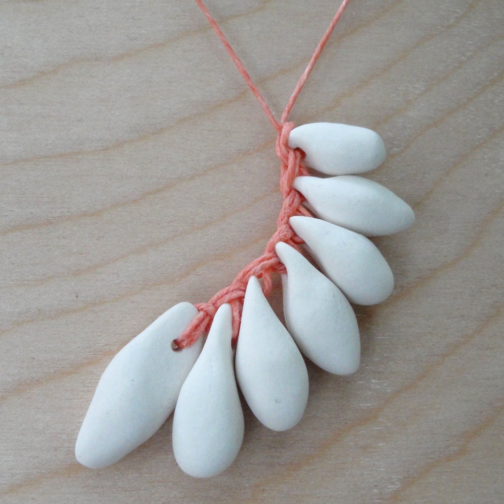 Necklace- 7 porcelain beads on peach waxed linen