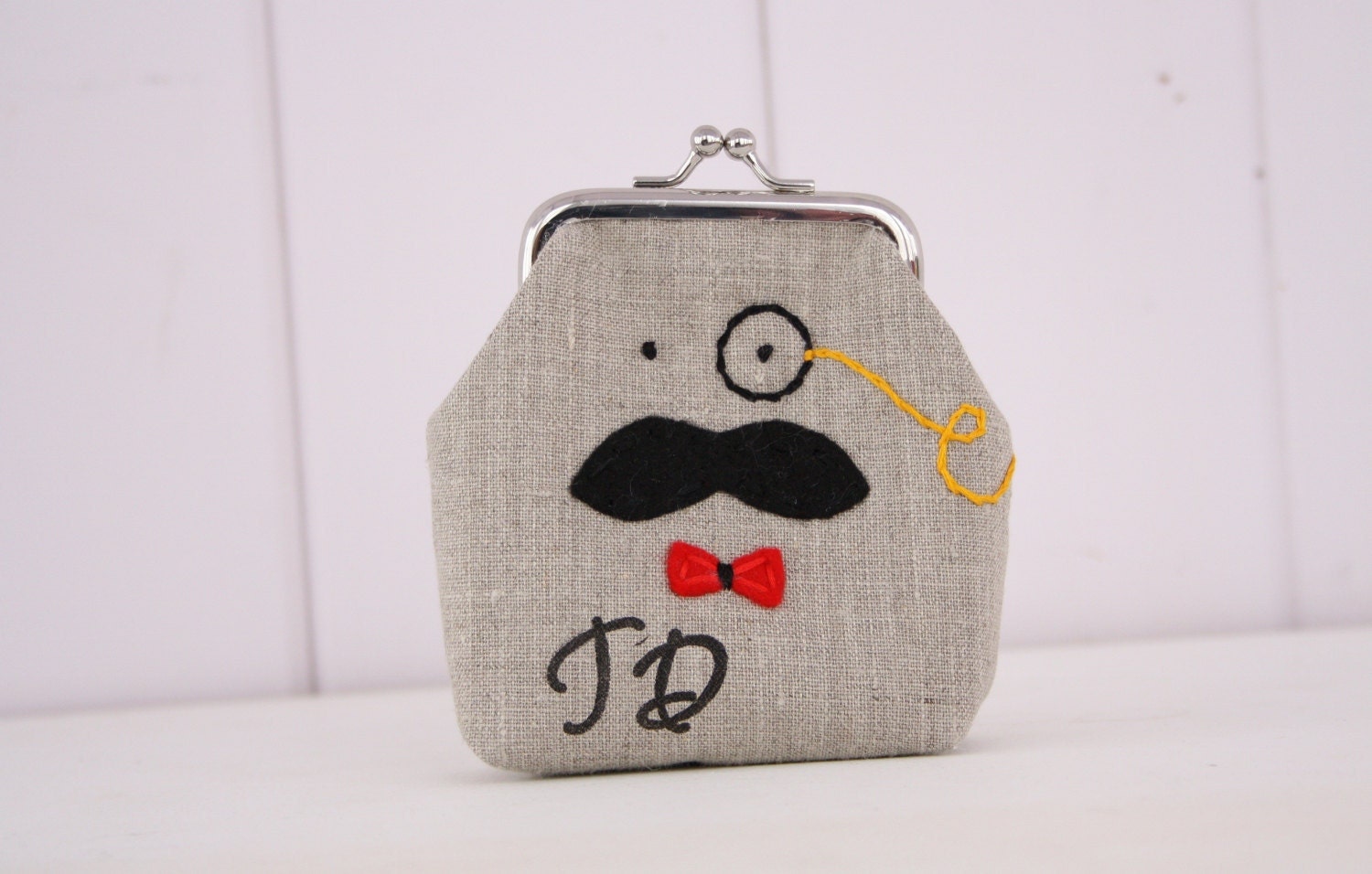 monocle man... hand embroidered and stamped mini clasp purse - choose your own initials