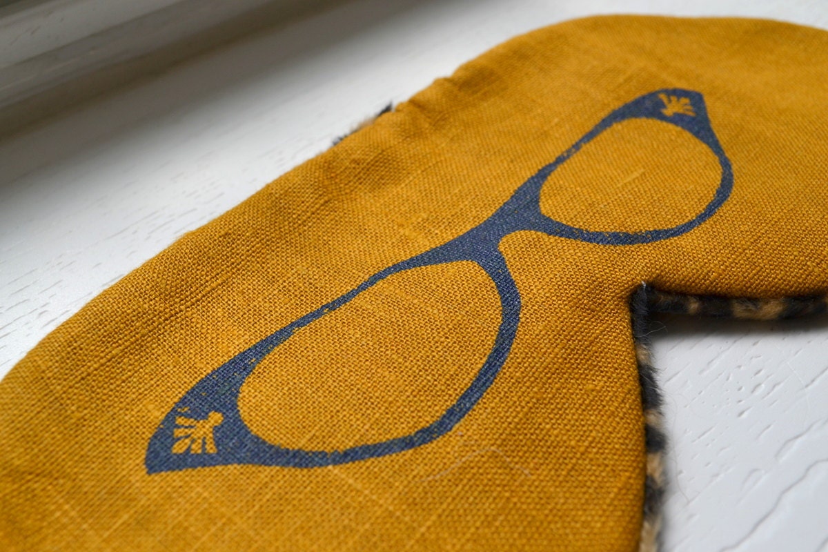 Sleeping Eye Mask - Cat-eye Glasses in Navy on Mustard - Ready to Ship