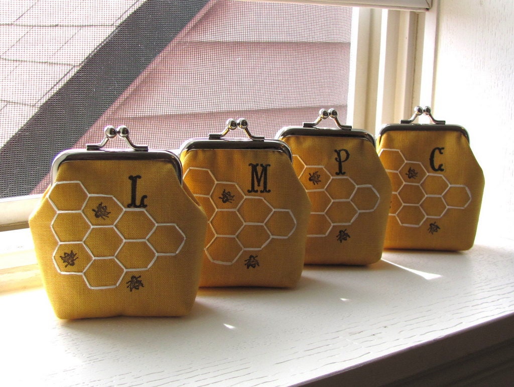 Bumble Bee in Honeycomb bridesmaid gifts ... hand embroidered and stamped mini clasp purse - choose your own initial