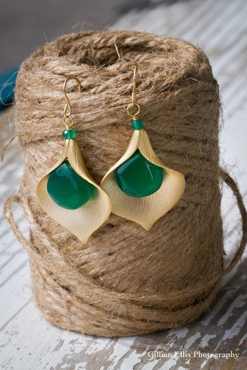 Bridesmaids Matte Gold Leaf Earrings with Green Chaclcedony