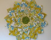 Wall Hanging - Yellow Green Aqua Vintage Fabric Fiber Art Flower Wall Hanging
