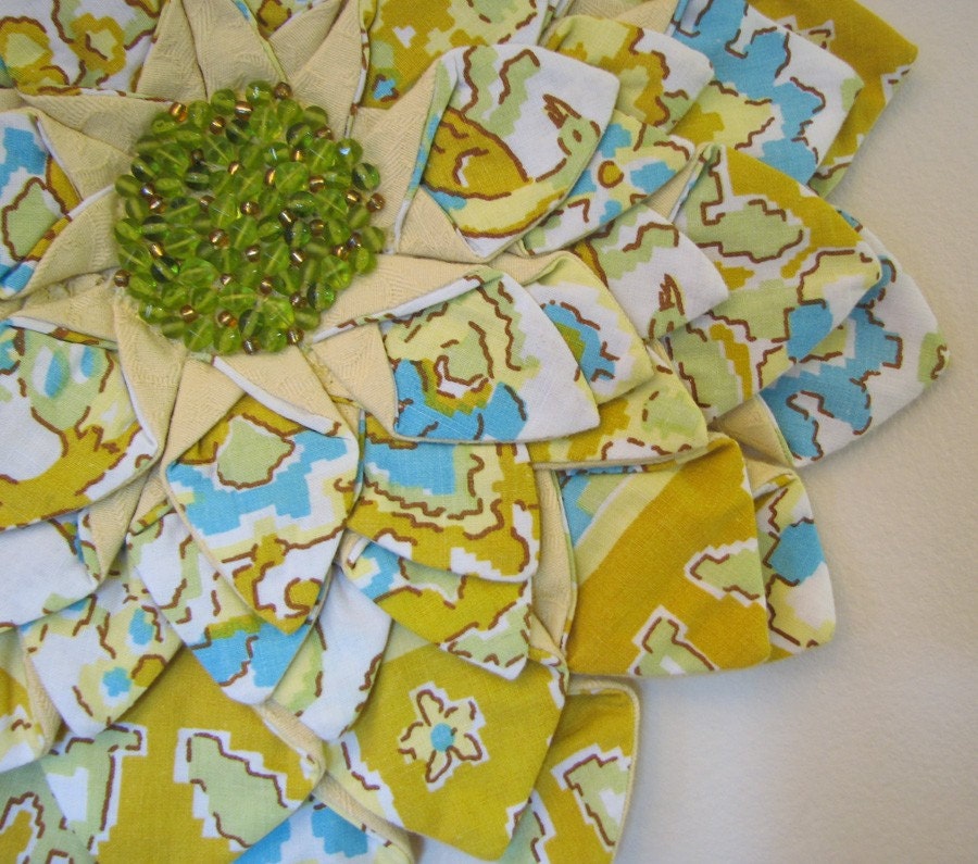 WALL HANGING - Yellow Aqua Gold Green Vintage Fabric Flower Fiber Art Wall Hanging