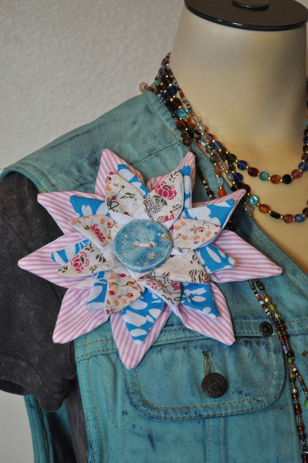 Flower PIN BROOCH - Aquamarine Blue Pastel Pink Fabric Flower Corsage Brooch Pin
