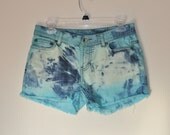 DENIM JEAN SHORTS - Hand Dyed Turquoise Urban Style Denim Distressed Ombre Vintage Shorts - Misses Size (32)