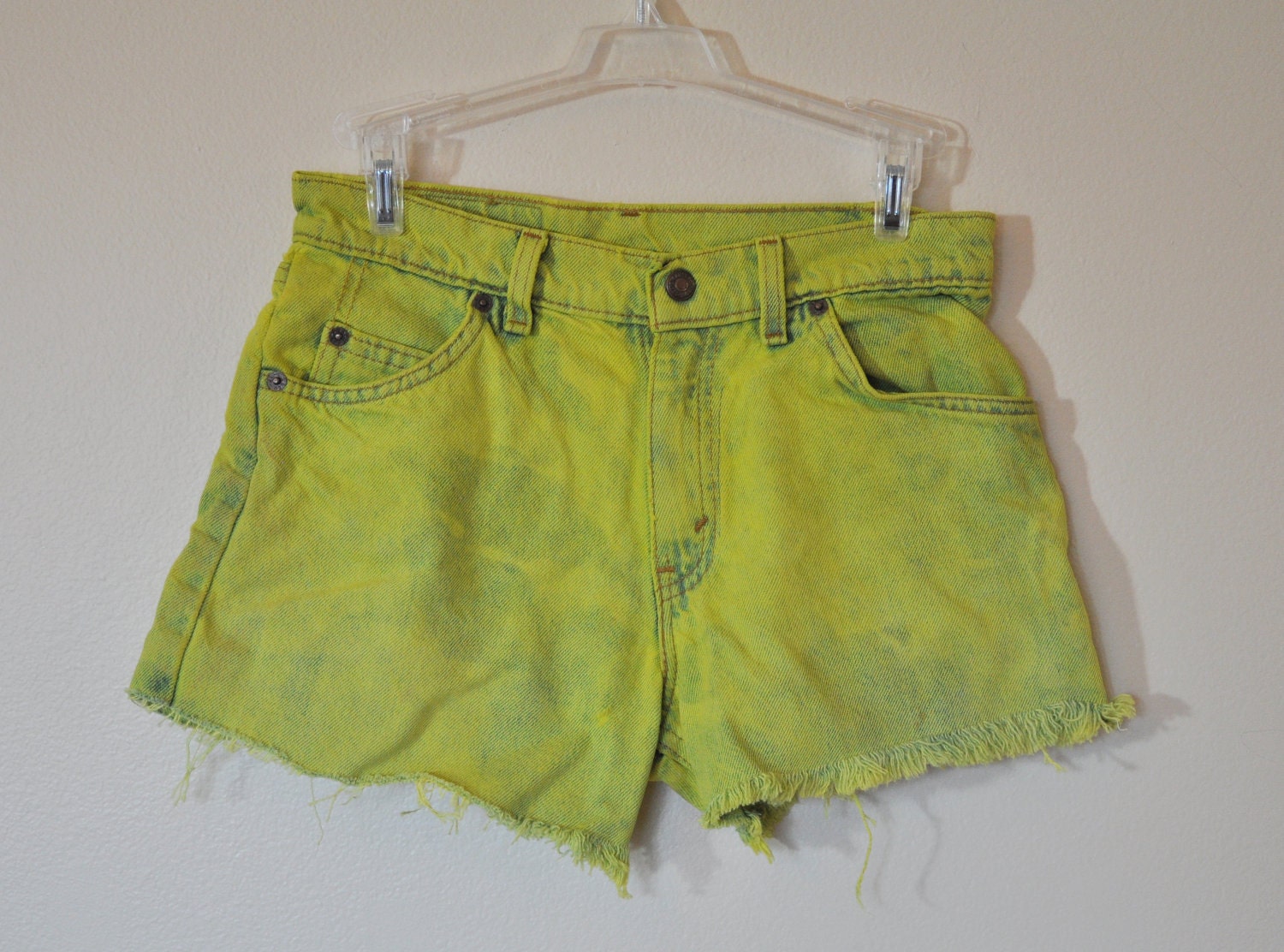 DYED DENIM SHORTS - Hand Dyed Chartreuse Lemon Lime  Urban Style Denim Vintage Cut Off Shorts - size 28
