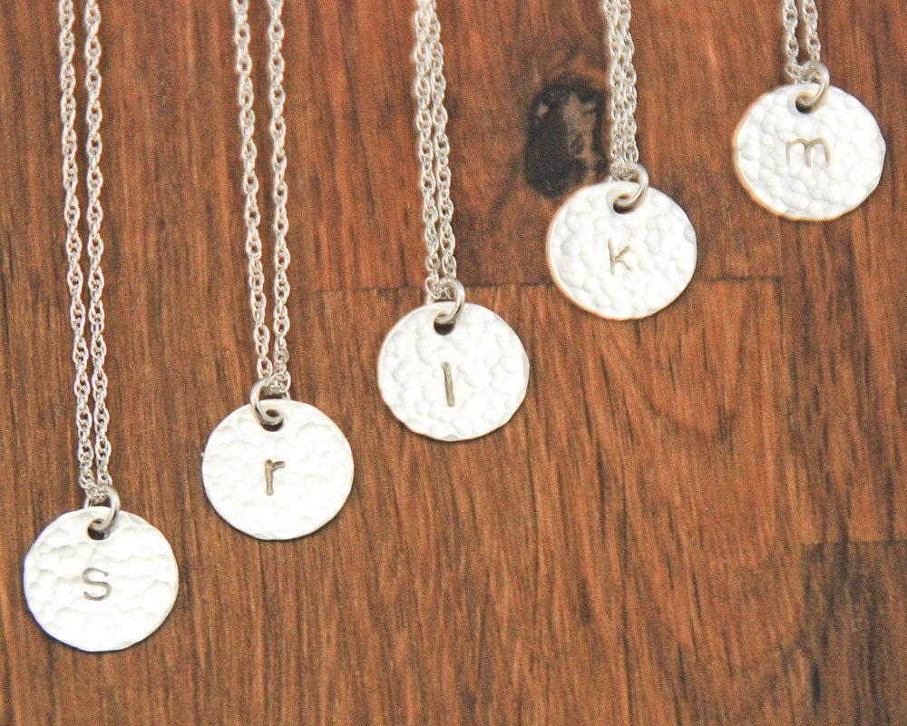 Bridesmaid Jewelry Set - Necklace Gift Silver Initial Monogram Disc - Custom Personalized Hammered Set of 5