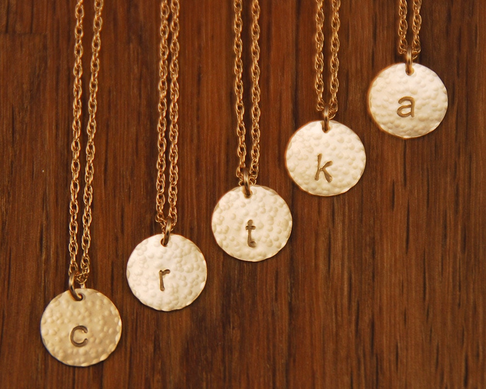 Bridesmaid Necklaces - Gold Monogram Initial Disc - Set Of 5 Custom Personalized Hammered 14K Filled Necklaces