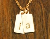 Gold Initial Two Charm Necklace - Personalized Mom Small Tag Necklace - 2 Kids Childrens Names Handstamped Small Monogram