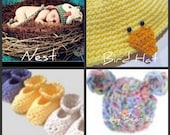 Baby CROCHETING PATTERNS, Four Infant Photo Props, Chunky Bear Hat, Flower Beanie Hat, Nest, Bird Hat, DIgital Download