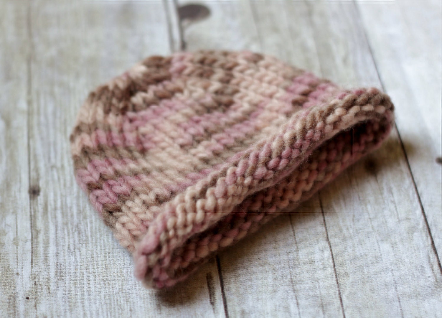 Knit Baby Hat, Pink and Brown Thick and Thin Newborn Photo Prop