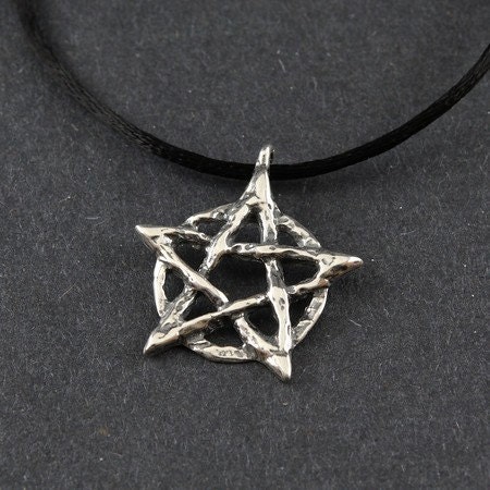 Pentacle Rustic Sterling Silver Necklace on Black Satin Cord