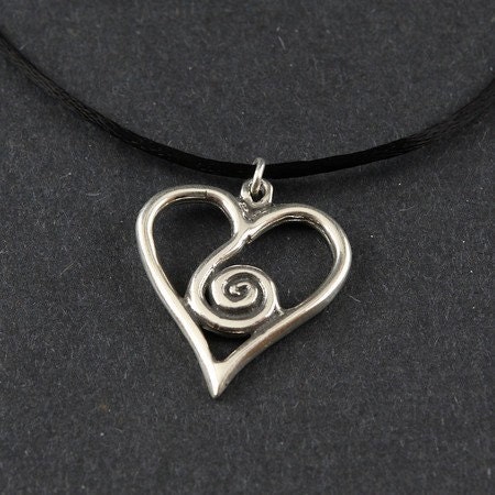 Spirit Heart/Spiral Heart Sterling Silver Necklace on Black Satin Cord