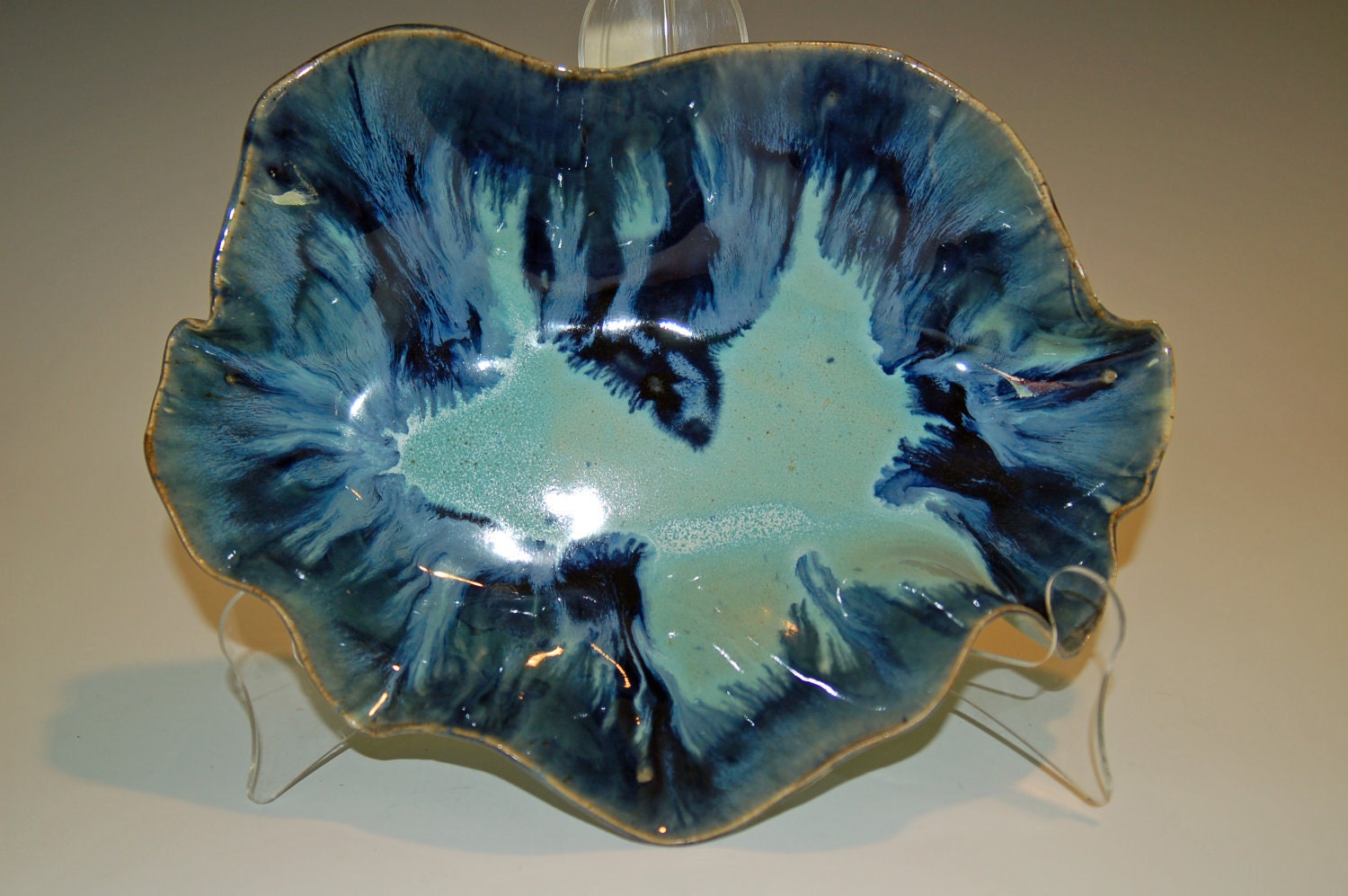 Hand Built, Slumped Pottery Bowl with Blue and Green Glaze for Soap, Crackers or Decoration