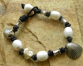 Artisan Sterling Silver Heart,Shells, Genuine South Sea Pearls and Leather Bracelet - Treasure of the Sea
