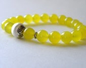 Lemon Yellow Agate and Brushed Sterling Silver Beaded Bracelet Stretch Elastic Stacking