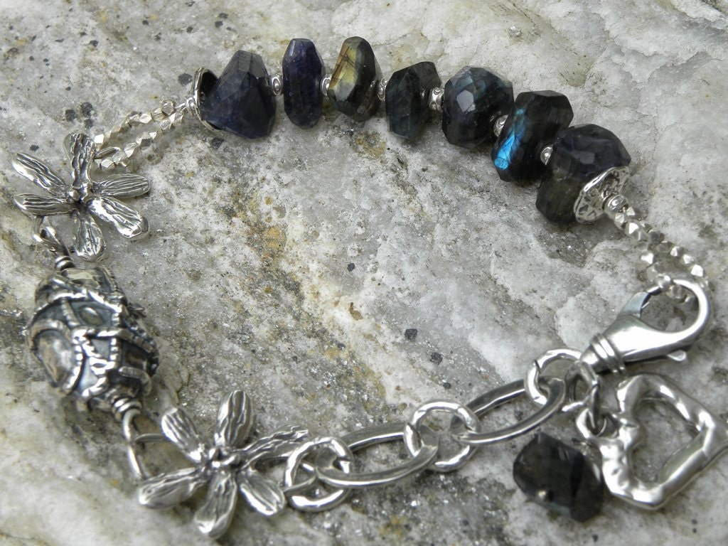 Artisan Sterling Silver and Spectrolite Blue Labradorite Handcrafted Charm Bracelet Flower Heart