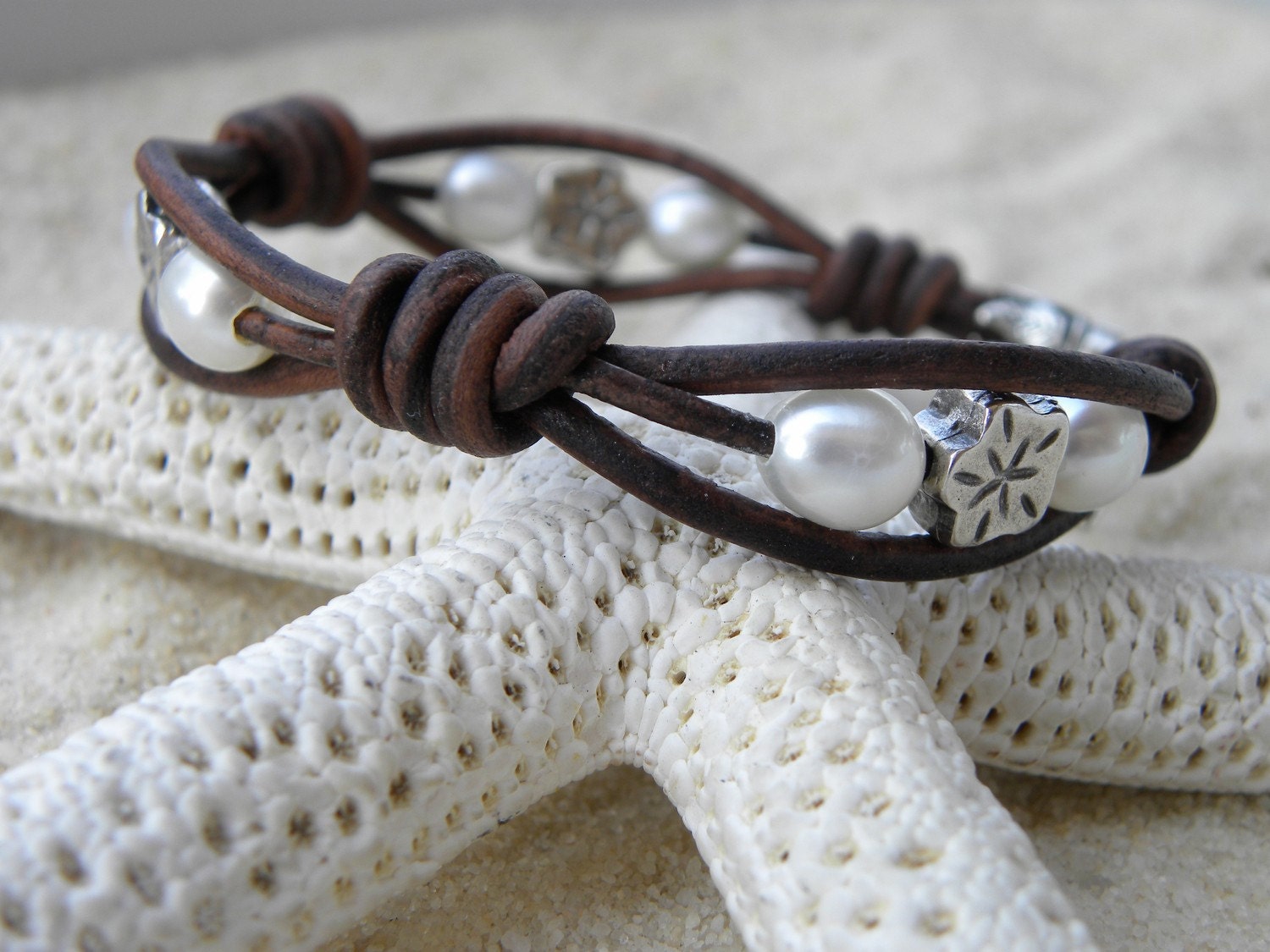 Leather. Pearls and Silver Flower Bracelet