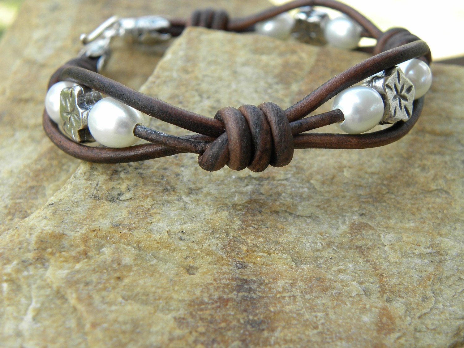 Leather. Pearls and Silver Flower Bracelet
