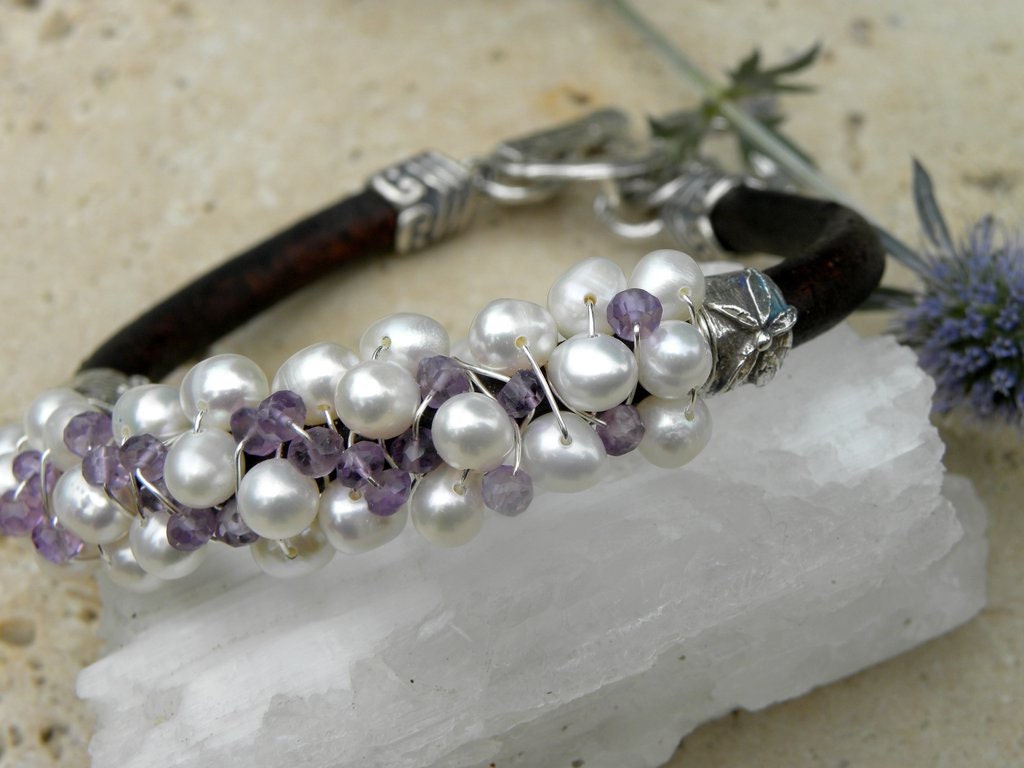 Artisan Sterling Silver Pearls Amethyst and Leather  Wire Wrapped Bracelet